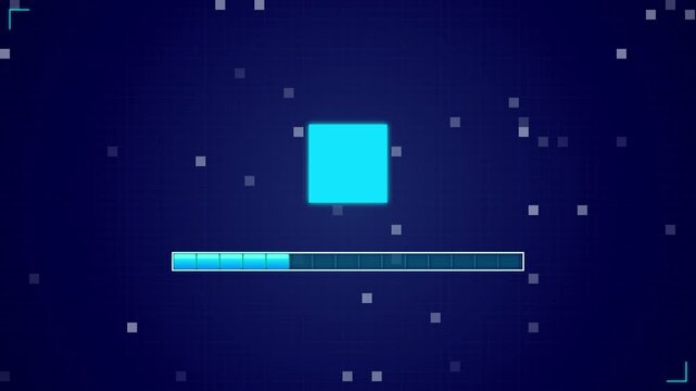 Digital loading bar progresses with glowing square on blue grid background for data processing