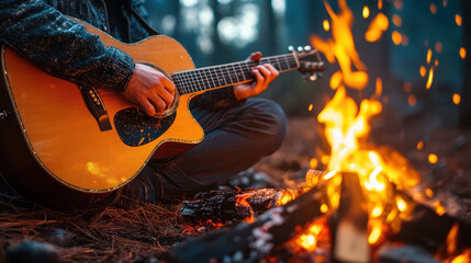Fototapeta premium Close-up of hands playing acoustic guitar by a glowing campfire at night outdoors.