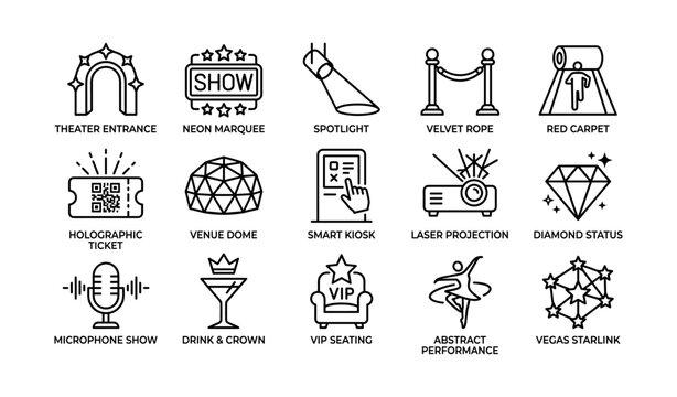 Entertainment and theater icons showing show elements on grid