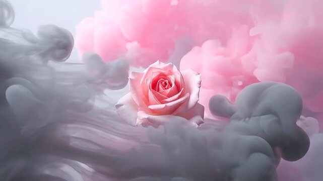 A beautiful pink rose is surrounded by colorful, abstract and artistic smoke