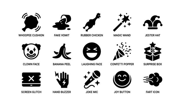 Novelty and prank icons displayed in rows on white background