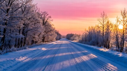 Fototapeta premium Snowy road at sunset with frosty trees