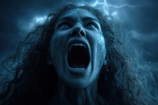 Stormy Emotions: A woman's face, contorted in a primal scream against a backdrop of a raging storm. Evoking raw emotion. 