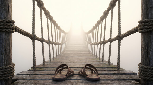 Leather sandals at the entrance of a wooden rope suspension bridge disappearing into thick fog