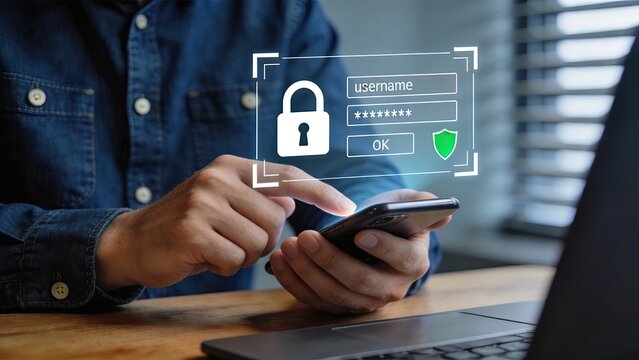 Secure mobile login authentication process on smartphone screen showing username password fields and lock icon, cybersecurity concept for safe digital access and data protection