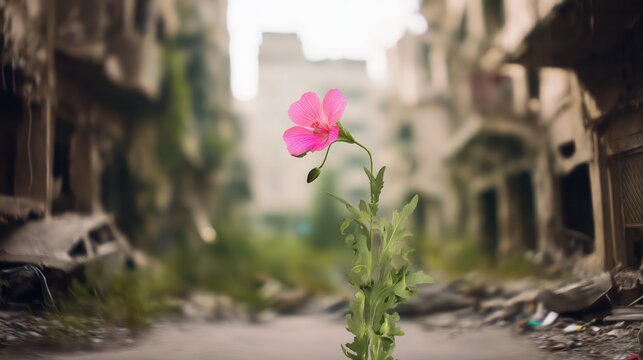 "Resilient pink flower blooming amid war-torn ruins symbolizing hope and survival."