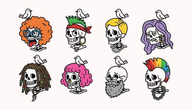 Cartoon skull characters with unique hairstyles and birds for creative branding