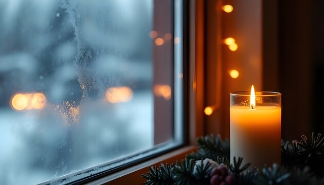 Cozy Indoor Candle Scene. A glowing candle near a window with winter frost, soft fairy lights in the background, cozy home ambiance, warm holiday tones 2
