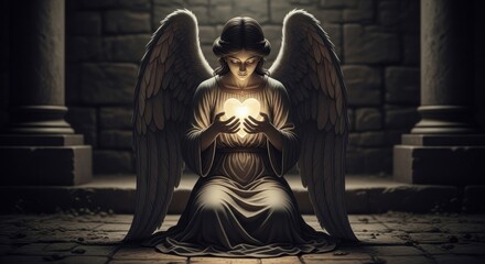 Fototapeta premium Serene Angel Holding Glowing Heart in Ancient Stone Sanctuary.