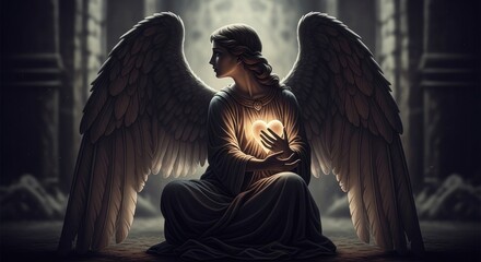 Obraz premium Serene Angel Holding Glowing Heart in Sacred Temple.