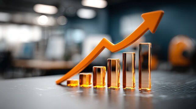 Golden 3D bar chart with an upward arrow, symbolizing financial growth, business success, economic boom, and stock market performance against a blurred office background.