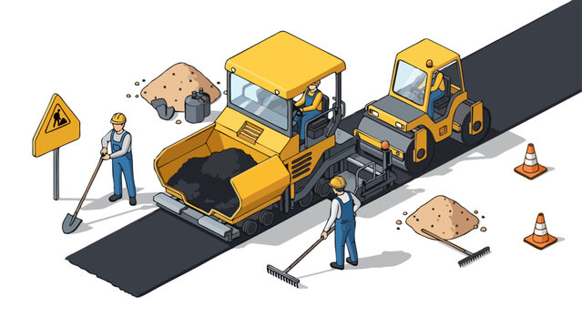 Construction crew and heavy machinery working on road paving project asphalt layer compactor roller workers with tools site preparation infrastructure development urban renewal building