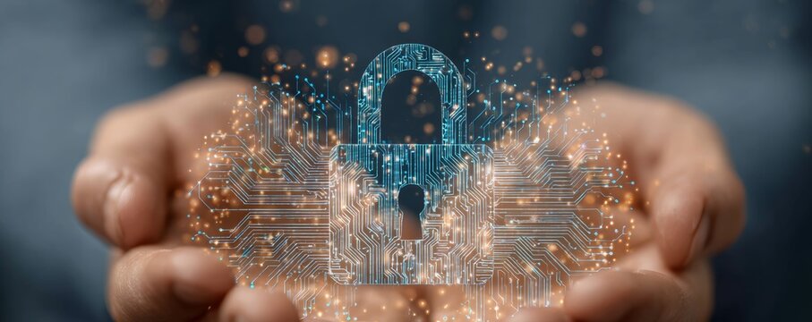 cybersecurity and safety in business or personal life. digital security and data protection hands holding an electronic padlock surrounded by circuit patterns on the background. neon blue orange