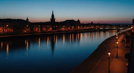 Fototapeta premium Serene River Cityscape at Twilight with Reflecting Lights.
