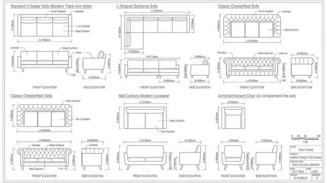 cad blocks, sofa, couch, furniture, technical drawing, interior design, blueprint, architectural plan, top view, front view, side view, dimensions, sectional, loveseat, 3-seater, modern, 