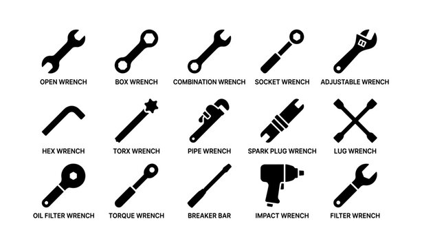 Mechanic wrench icons showing types and tools on white background