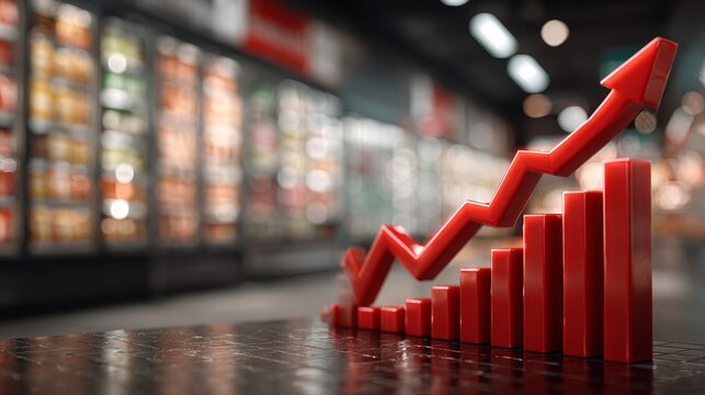 Red bar chart with upward arrow in supermarket aisle, symbolizing retail growth, sales increase, consumer demand, and business profitability in the FMCG sector.