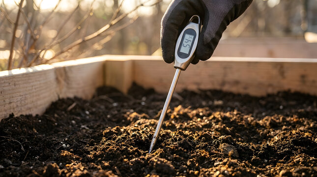 Measuring soil temperature for spring planting | Using a digital garden thermometer in raised beds | Checking ground temperature for seed germination | Gardener testing soil warmth
