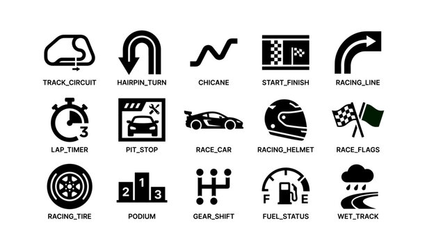 Racing and track icons showing race elements on white background