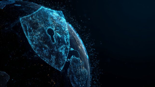 Digital shield, padlock icon, globe on a dark background. VPN, proxy server. concept of cyber security or data protection in the digital world, in a blue color palette. 