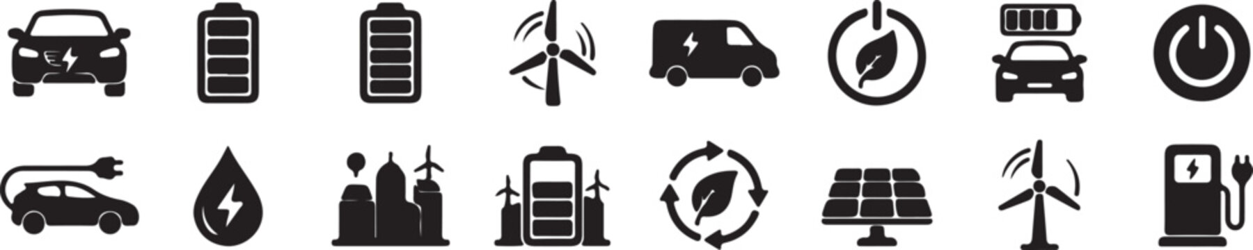 Black silhouette icons set electric vehicles renewable energy and sustainability