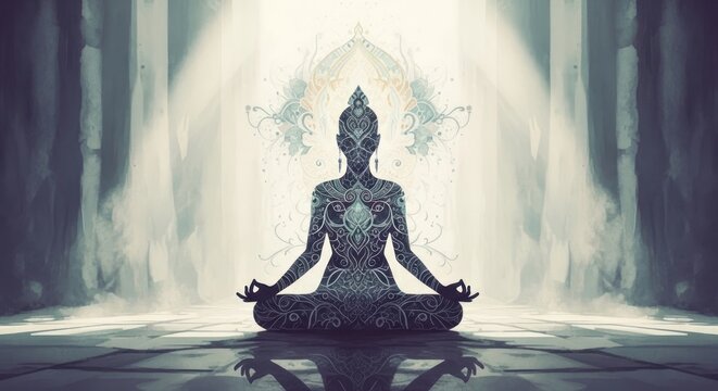 Serene Buddha meditating in a mystical ethereal light.