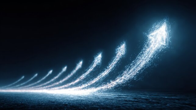 Glowing light arrows moving upward in dark space, representing exponential growth, technological progress, innovation, and future digital trends.