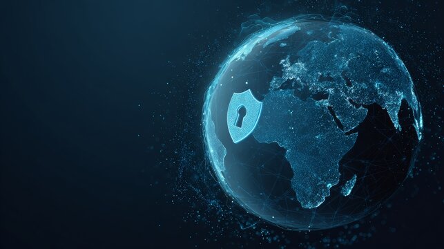shield and lock icon on a digital background, global cybersecurity in the technology world. Abstract vector illustration for web banner design, online protection, or data education advertisement