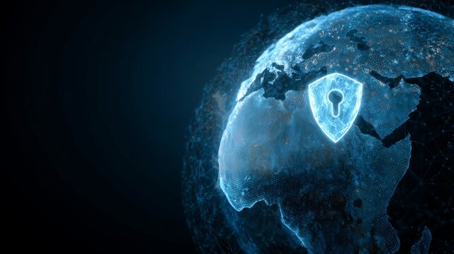 shield and lock icon on a digital background, global cybersecurity in the technology world. Abstract vector illustration for web banner design, online protection, or data education advertisement