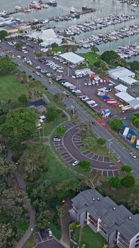 Mooloolaba Beach and marina aerial view at dusk, Sunshine Coast Queensland