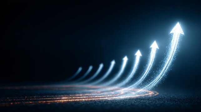 Glowing light arrows moving upward in dark space, representing exponential growth, technological progress, innovation, and future digital trends.