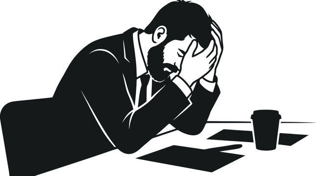 Man in suit holding head in despair with coffee cup on desk