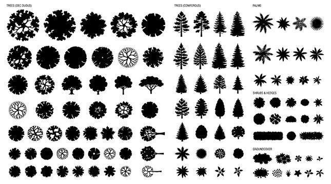 trees, bushes, flowers, silhouette, icon, top-down, overhead, view, architectural, rendering, landscape, design, urban, planning, visualization, black and white, vector, graphic, 