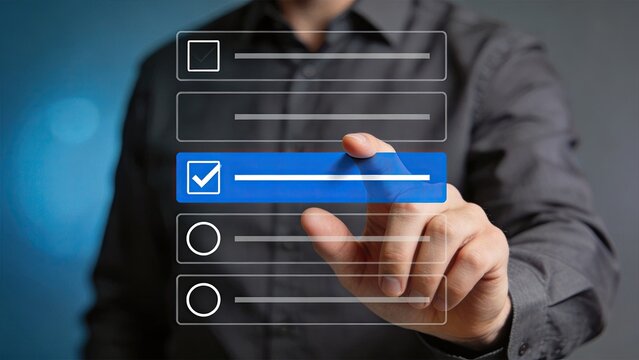 Hand selecting option on virtual touchscreen interface, user choice concept, digital menu selection process, interactive web form design element for modern applications