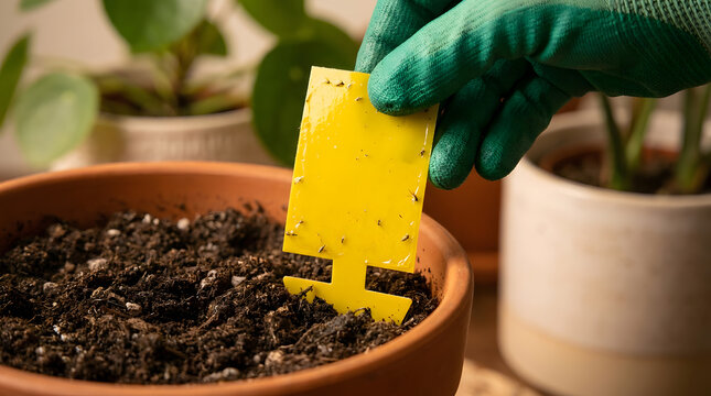 yellow sticky traps for fungus gnats | organic pest control for indoor plants | houseplant insect prevention methods | gardening glove placing pest trap in soil