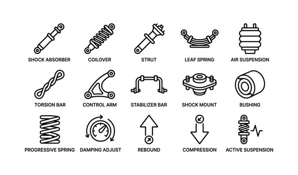 Suspension component icons arranged in labeled grid on white
