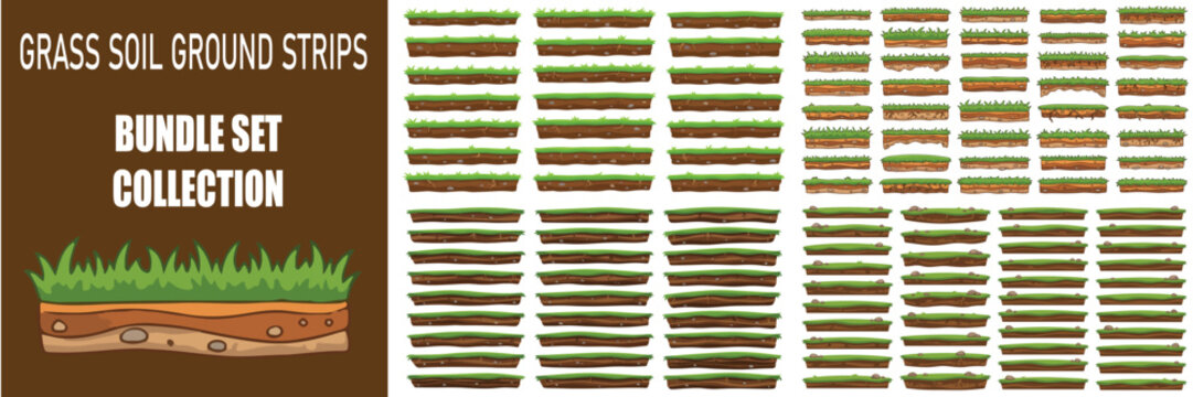 Grass soil ground strips bundle set collection, flat vector landscape terrain elements for game design, green lawn and brown earth cross section layers