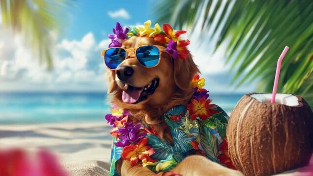 Dog with flower lei and hawaiian shirt on beach. Happy golden retriever enjoying tropical vacation with sunglasses and coconut drink. Summer holiday pet relaxation.