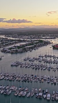 Aerial view of yachts and boats moored at Mooloolaba Marina, Sunshine Coast Queensland