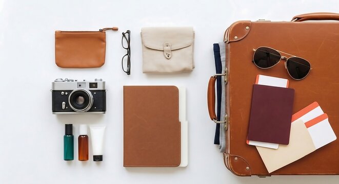 Travel accessories with vintage suitcase camera and passport for vacation planning.