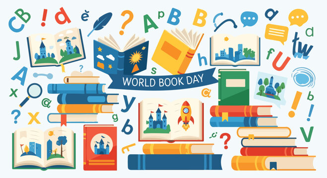Colorful World Book Day illustration with books and letters