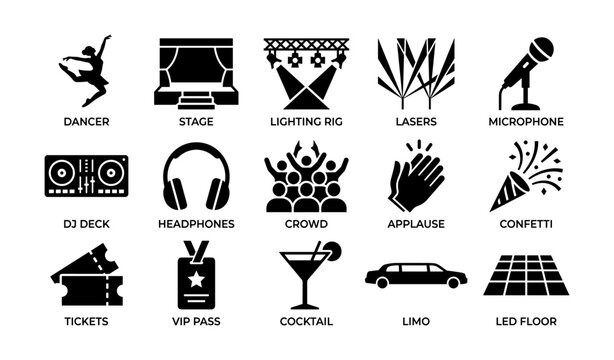 Event icons showing performers and equipment in grid