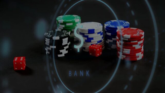 Poker chips sitting grouped while red dice rolling in, HUD pulsing, dollar sign highlighting BANK