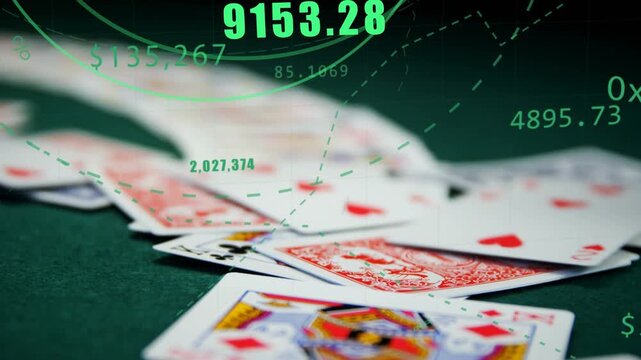Card fan shifting on green felt from hand flick, visualizing finance data with digital overlays
