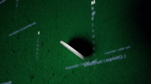 Coin entering and spinning on felt, catching projected code, wobbling then landing for tech demo