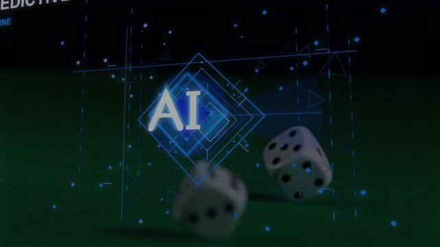 Blurred die rolling from left driving AI emblem analyzing dice on green felt PREDICTIVE accuracy