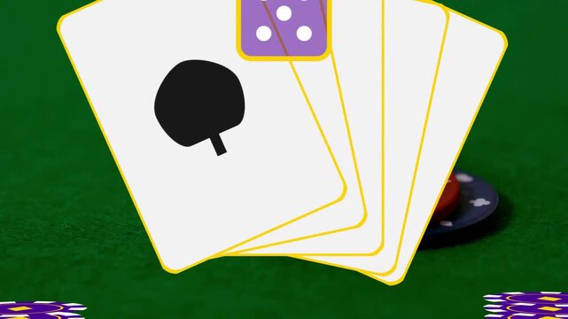 Camera shifting, showing chips, button, die descending into stacked dice under cards, casino setup