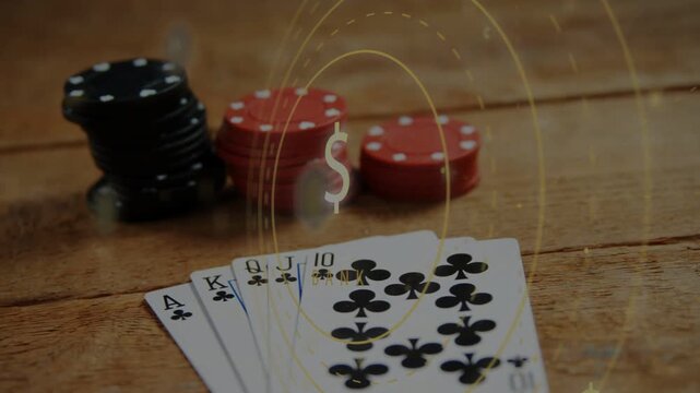 Clip starting, fanned clubs on table, rings and $ appearing over cards, BANK highlighting finance