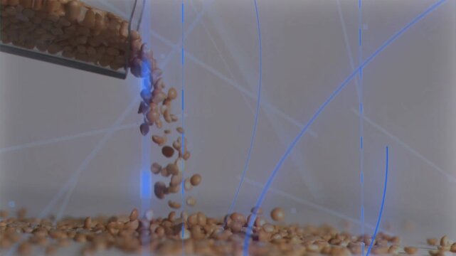 Metal container tilting, pouring brown beans into tray for motion study, blue arcs sweeping