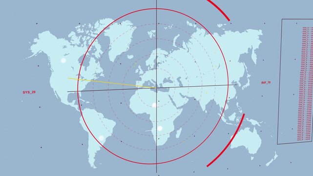 MapHUD centering red overlay at N Africa, sending yellow ray, linking world nodes, tracking nodes
